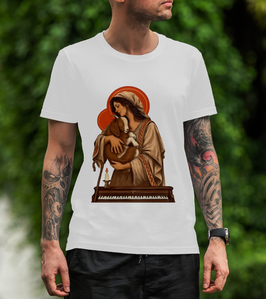 Woman Embracing Goat With Candle And Piano Halo T-Shirt