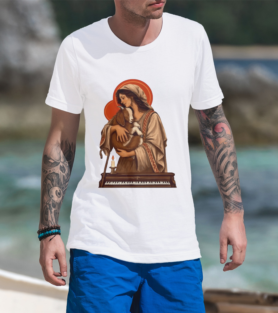 Woman Embracing Goat With Candle And Piano Halo T-Shirt