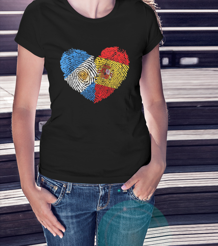 Half Spain Half Argentine Heart Fingerprints Flags Spain Argentina T-Shirt