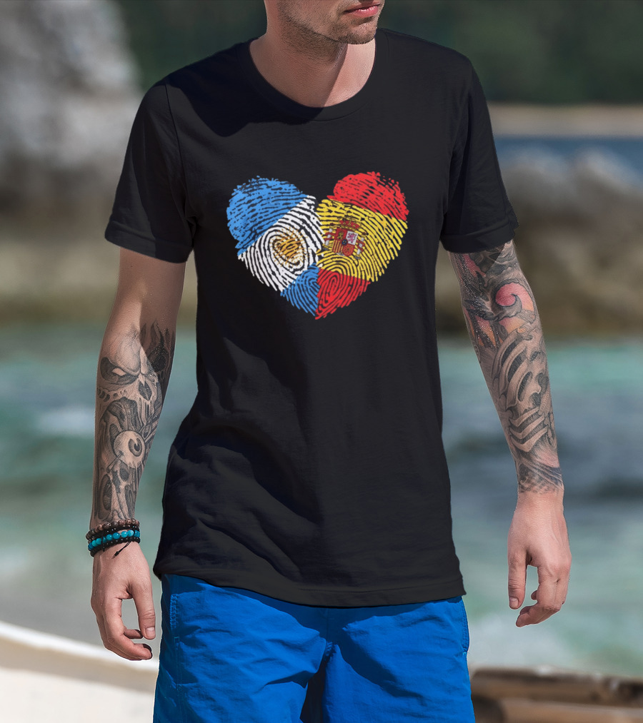 Half Spain Half Argentine Heart Fingerprints Flags Spain Argentina T-Shirt