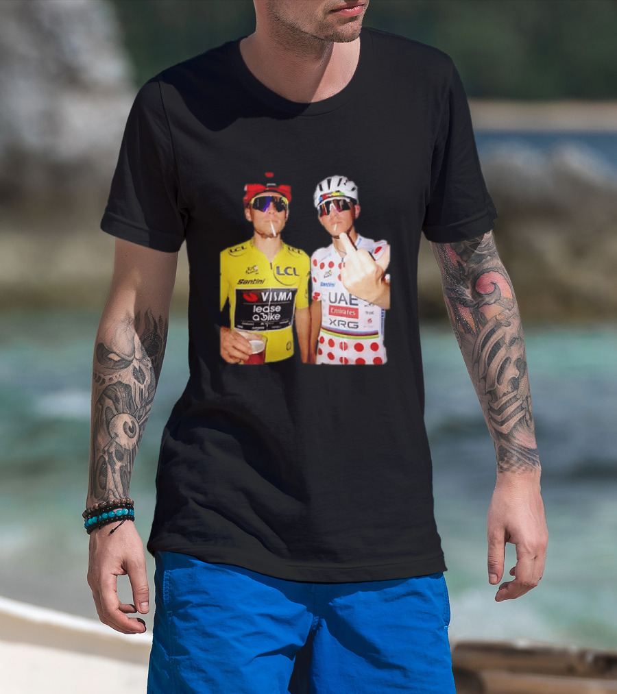 Jonas Vingegaard Tadej Pogačar 2026 Tour De France Visma UAE LCL Santini Emirates XRG Visor Beer Gesture T-Shirt
