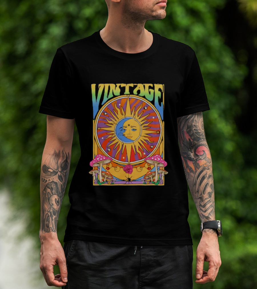 Vintage Sun Moon Celestial Psychedelic Mushrooms T-Shirt