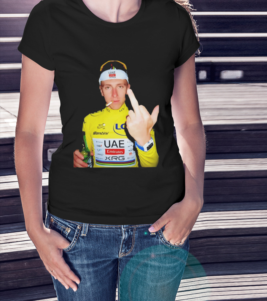 Tadej Pogačar Yellow Jersey Middle Finger Tour De France UAE Emirates LCL Santini T-Shirt
