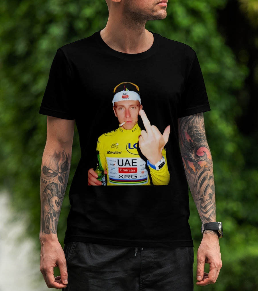 Tadej Pogačar Yellow Jersey Middle Finger Tour De France UAE Emirates LCL Santini T-Shirt