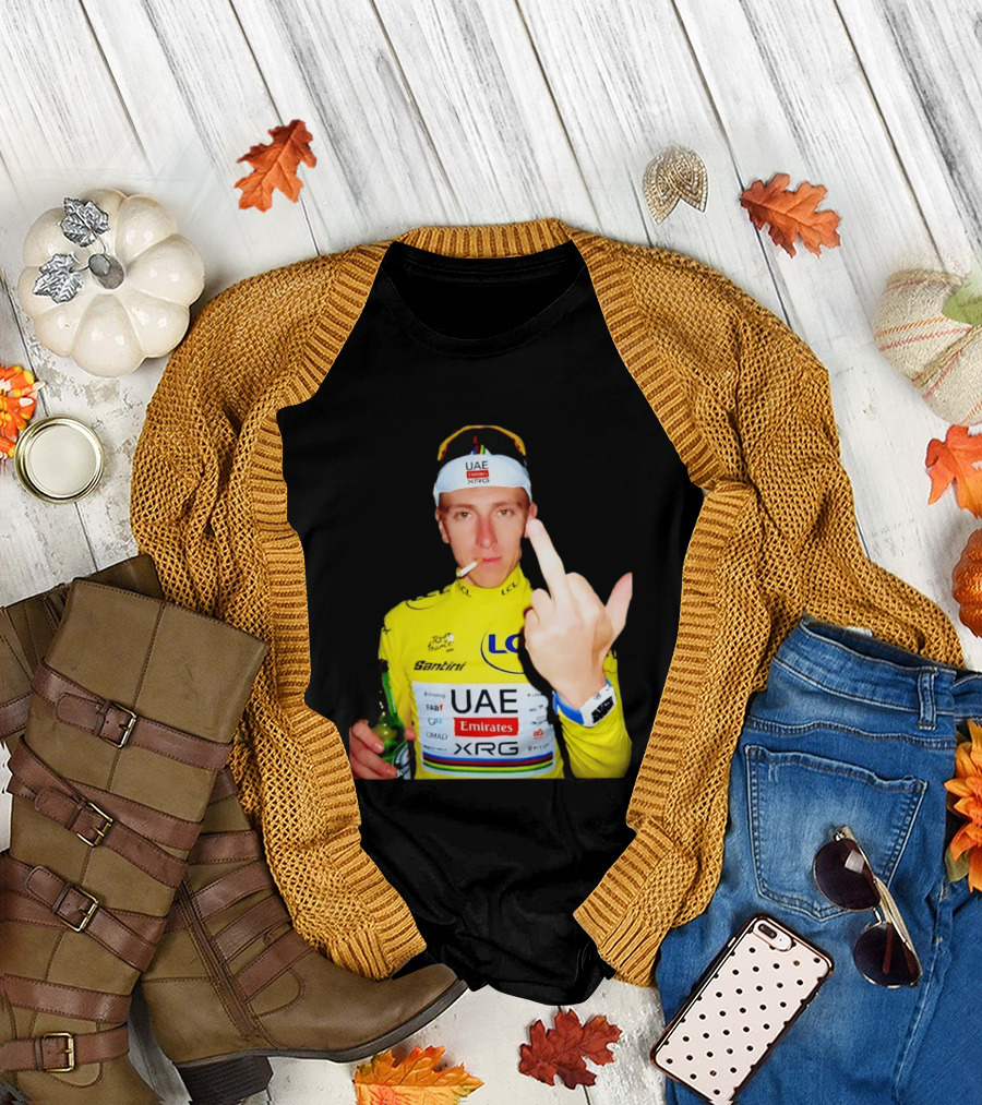 Tadej Pogačar Yellow Jersey Middle Finger Tour De France UAE Emirates LCL Santini T-Shirt