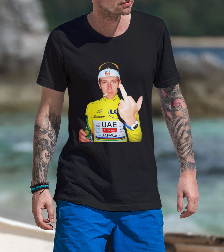 Tadej Pogačar Yellow Jersey Middle Finger Tour De France UAE Emirates LCL Santini T-Shirt