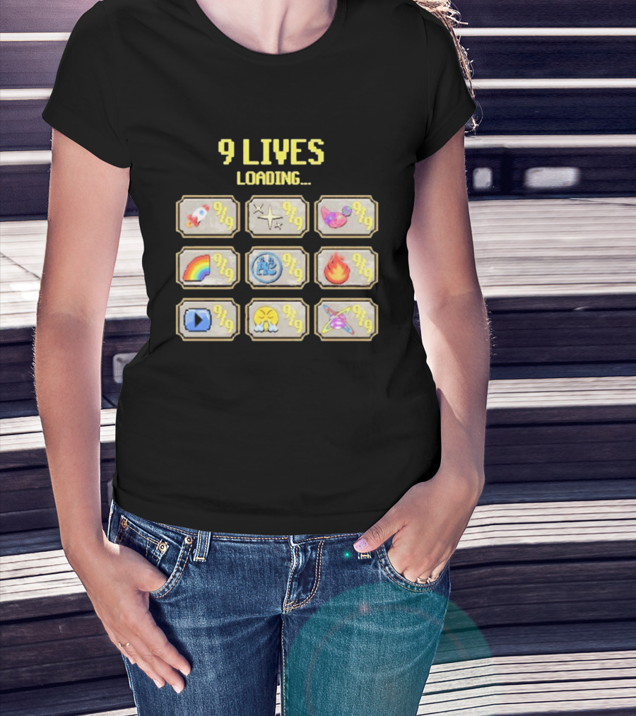 9 Lives Loading Rocket Cat Rainbow Fire Emoji Symbols Cvtscape Alleycvt T-Shirt
