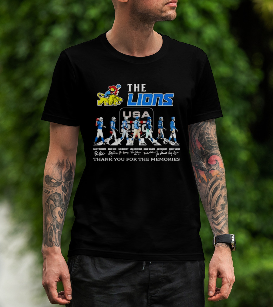 The Lions Legends USA Tour Barry Sanders Billy Sims Lem Barney Lou Creekmur Doak Walker Joe Schmidt Bobby Layne Thank You For The Memories T-Shirt