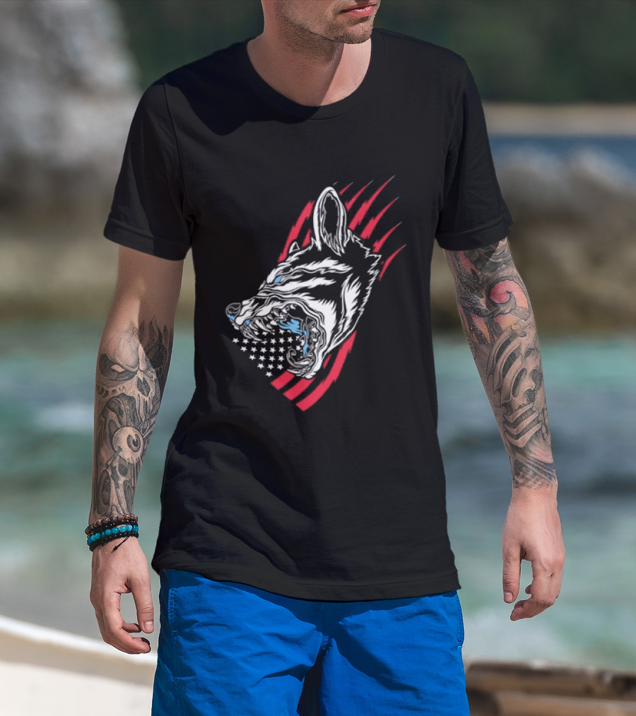 Wolf Snarling With Stars And Stripes American Flag T-Shirt