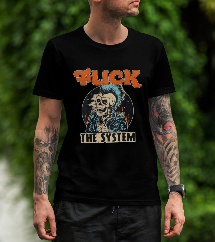 Fuck The System Punk Skeleton Smoking Beer Mohawk Jacket Spikes T-Shirt