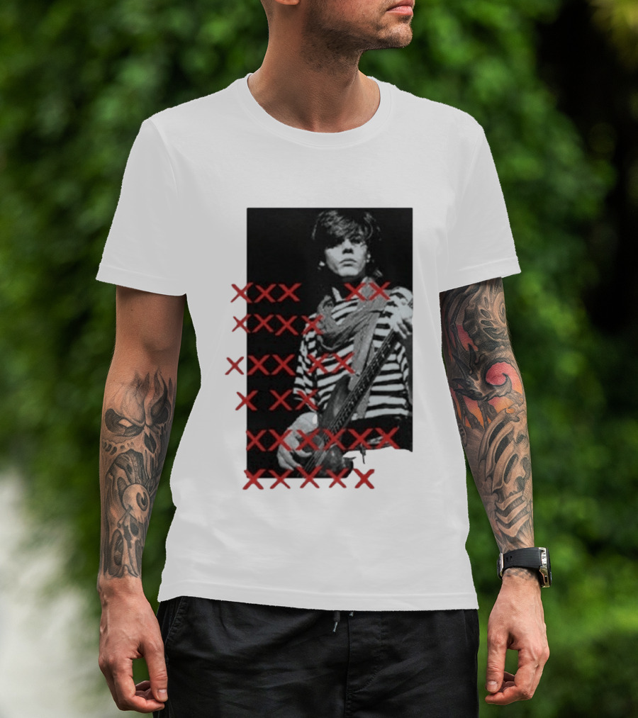 John Taylor X Punk Masters Striped Bass Guitar Image Red XXX Marks T-Shirt