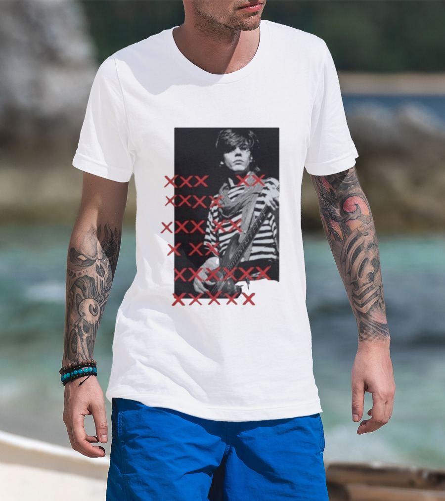 John Taylor X Punk Masters Striped Bass Guitar Image Red XXX Marks T-Shirt