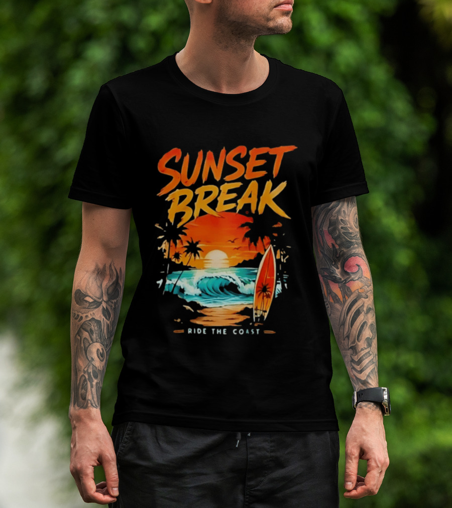 Sunset Break Surfing Ride The Coast Ocean Waves And Surfboard Scene T-Shirt