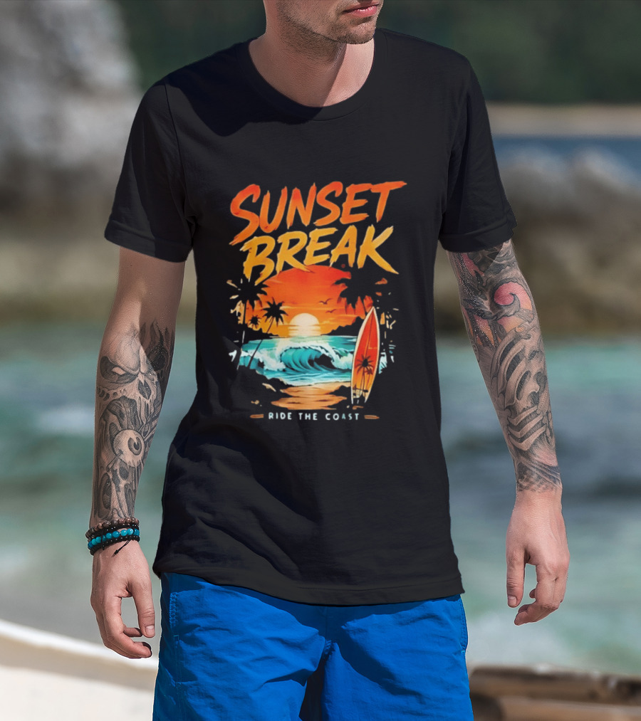 Sunset Break Surfing Ride The Coast Ocean Waves And Surfboard Scene T-Shirt