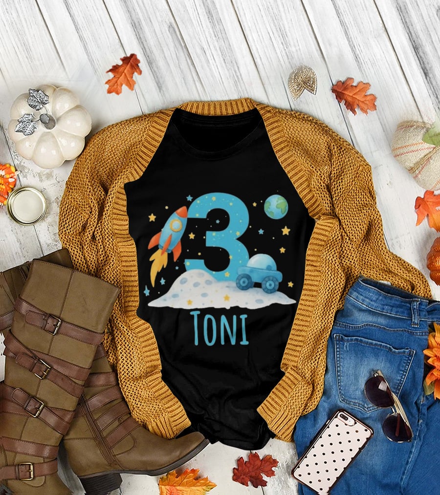 3rd Birthday Space Rocket Planet Personalized Toni T-Shirt