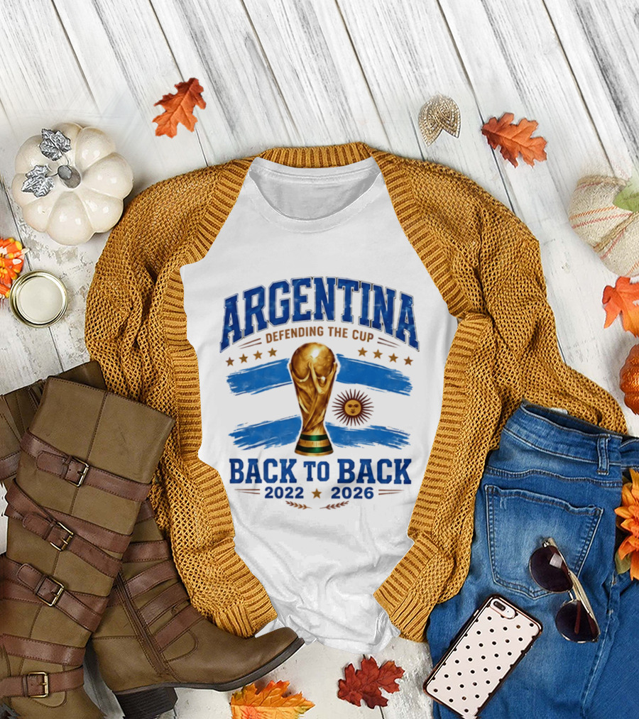 Argentina Defending The Cup Back to Back 2022 2026 World Cup Trophy Sun Flag Stars T-Shirt