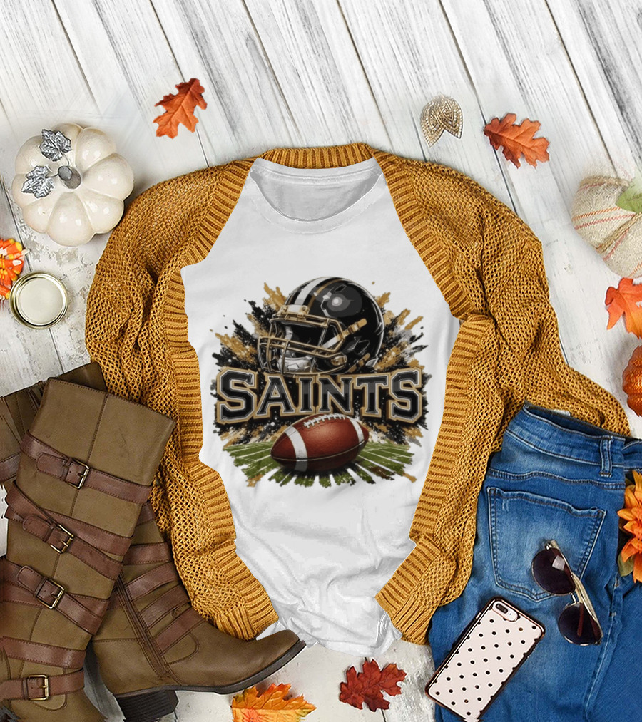 Saints Football Helmet with Splash and Ball T-Shirt