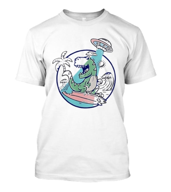 UFO Surfing Dinosaur With Palm Trees And Waves T-Shirt