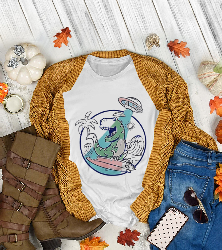 UFO Surfing Dinosaur with Palm Trees and Waves T-Shirt