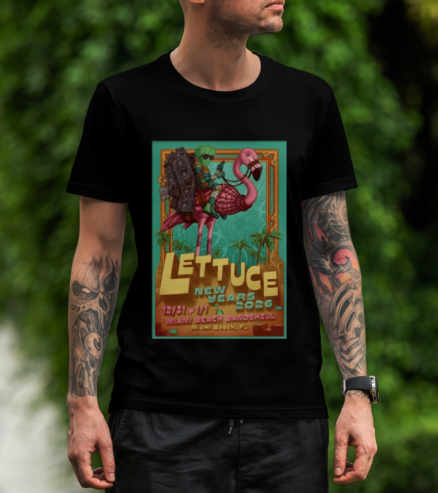Lettuce New Years 2026 Miami Beach Bandshell Miami Beach FL With Sunglasses Flamingo And Speakers T-Shirt