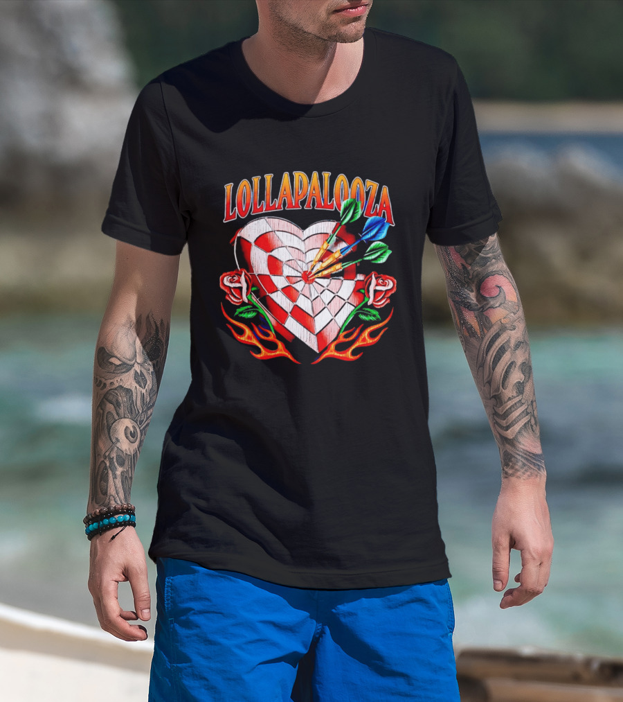 Lollapalooza Heart Dartboard With Roses And Flames T-Shirt