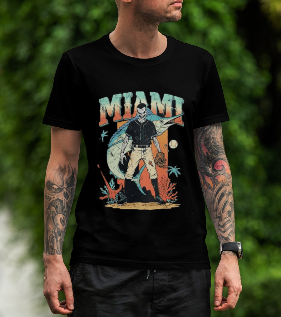 Miami Marlins Skeleton Baseball Player With Marlin And Tropical Vibes T-Shirt