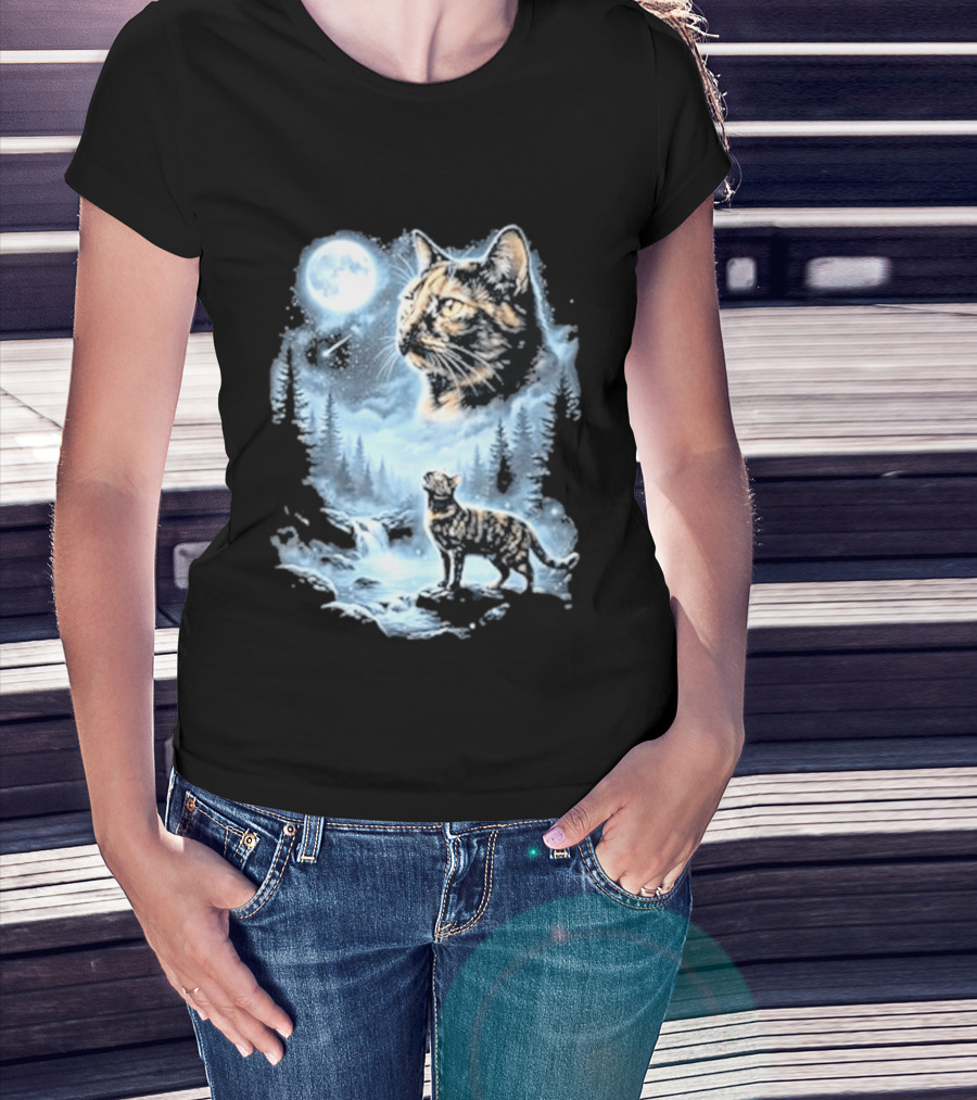 Tabby Cat Howling To The Moon Halloween Forest Scene T-Shirt