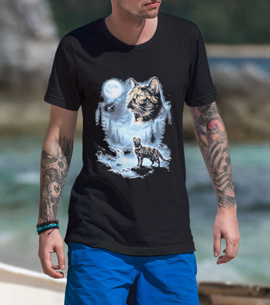 Tabby Cat Howling To The Moon Halloween Forest Scene T-Shirt