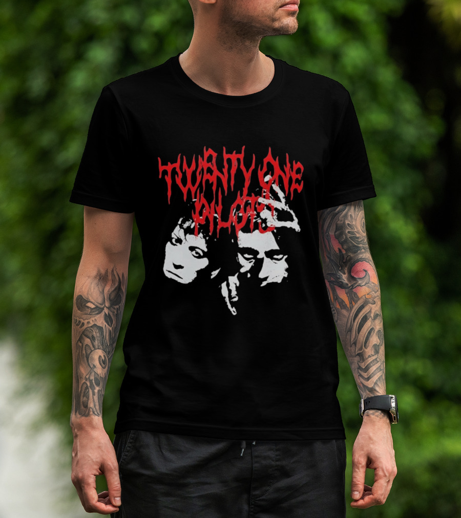 Twenty One Pilots Red Text Band Members Faces Dark Metal T-Shirt