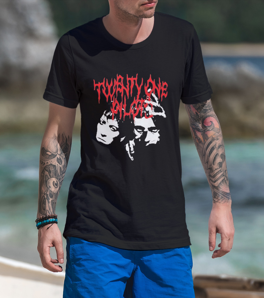 Twenty One Pilots Red Text Band Members Faces Dark Metal T-Shirt