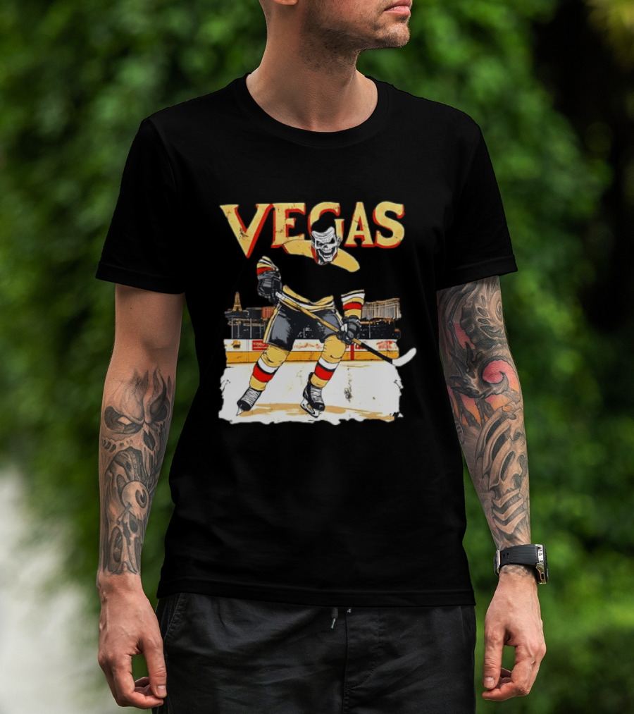 Vegas Hockey Skull Ice Arena Skyline Scene T-Shirt
