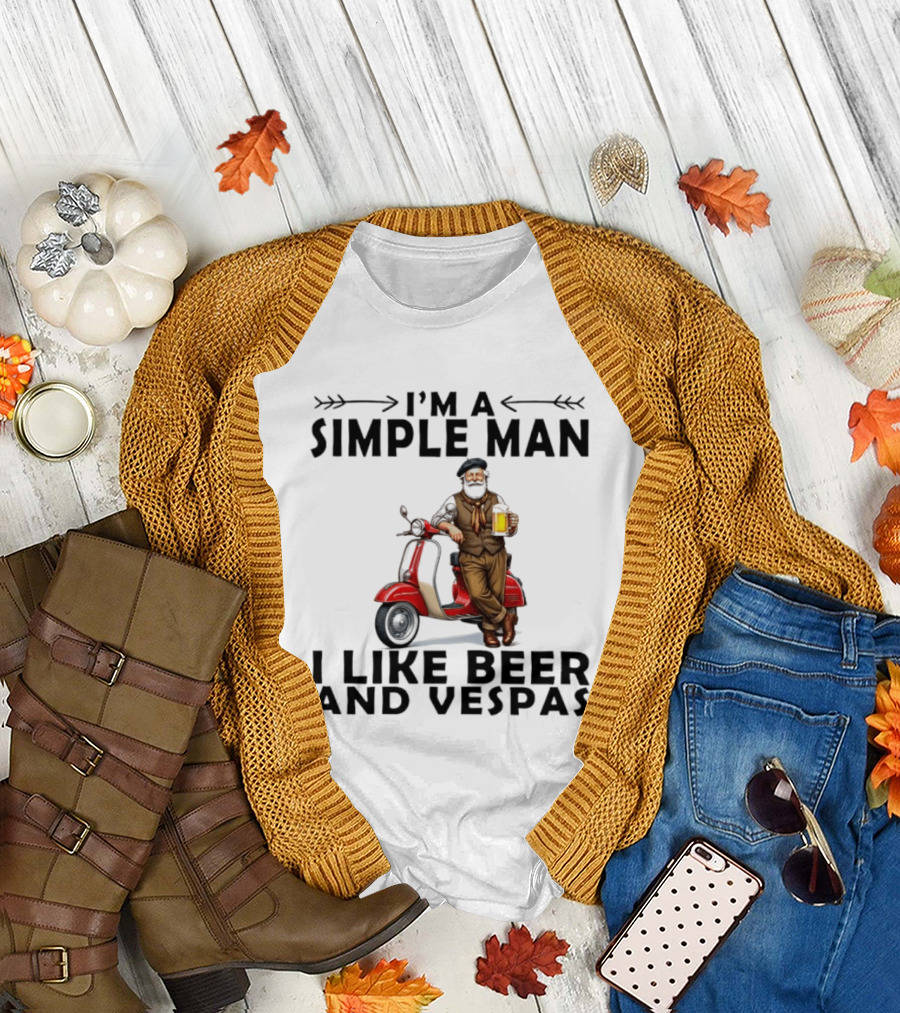I'm A Simple Man I Like Beer And Vespas Man With Beer And Scooter T-Shirt