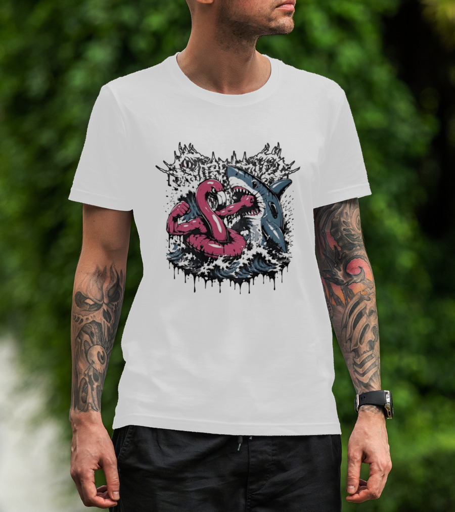 Flamingo Float Shark Fight Waves Duel T-Shirt