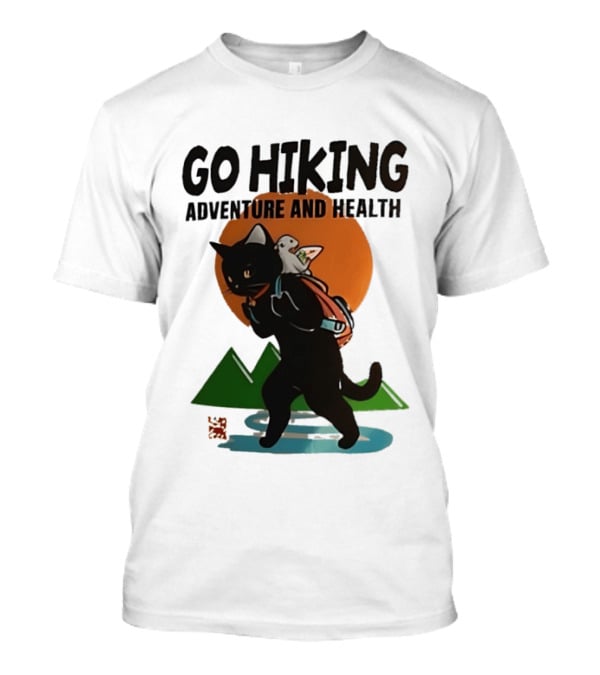 Go Hiking Adventure And Health Black Cat With Backpack And Bird T-Shirt