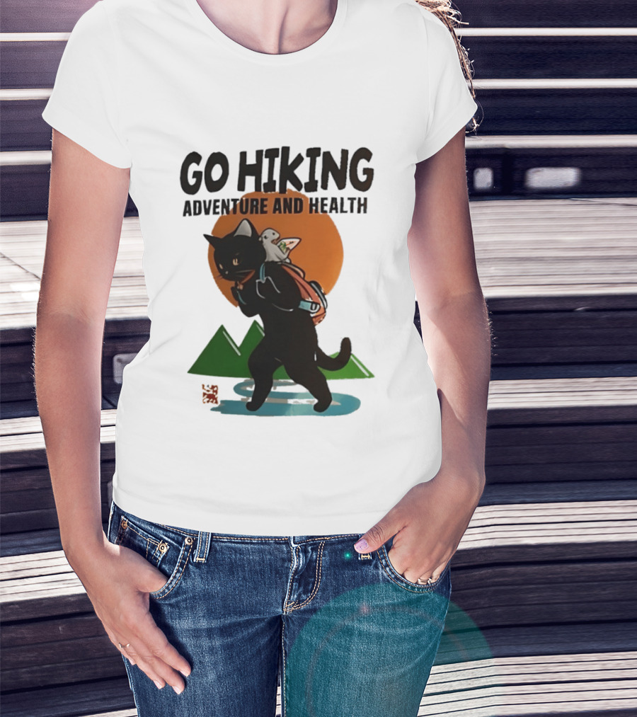 Go Hiking Adventure And Health Black Cat With Backpack And Bird T-Shirt