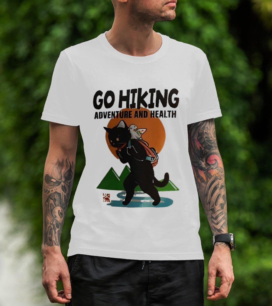 Go Hiking Adventure And Health Black Cat With Backpack And Bird T-Shirt