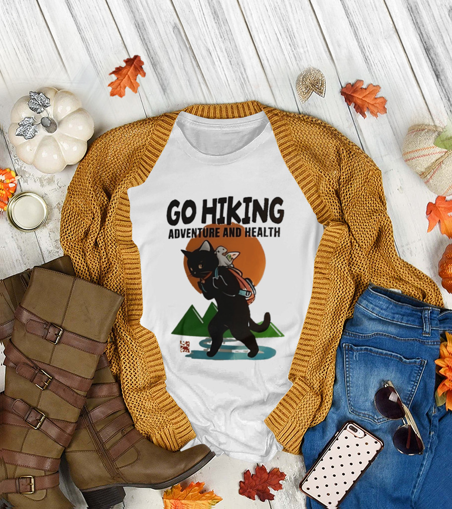 Go Hiking Adventure and Health Black Cat with Backpack and Bird T-Shirt