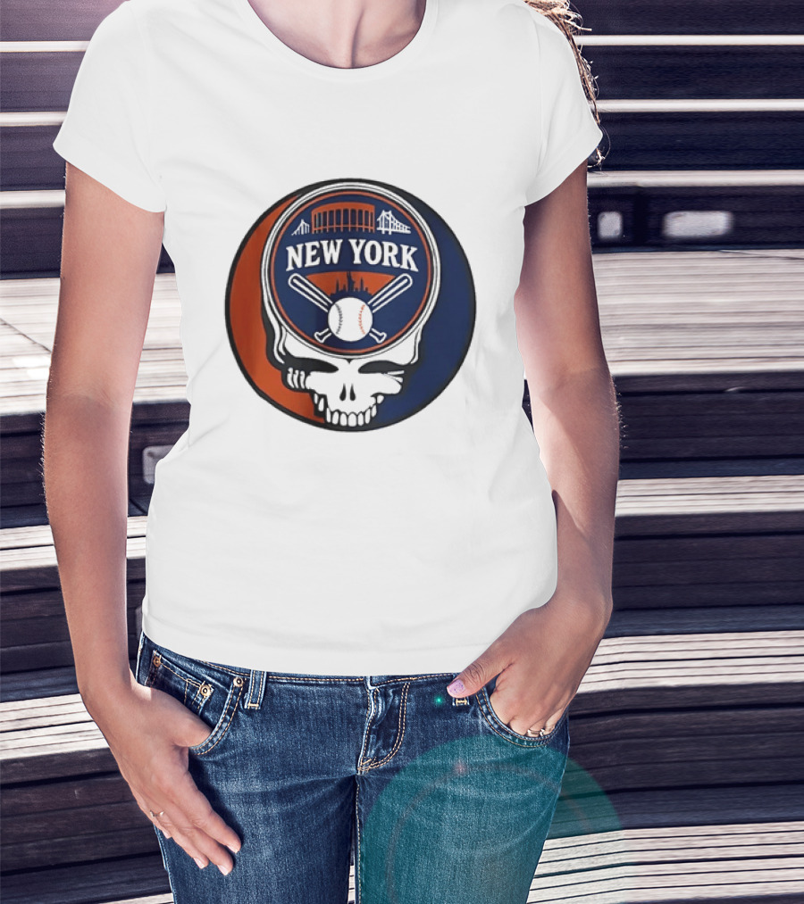 New York Mets Grateful Dead Skull Baseball Orange Blue Stadium T-Shirt
