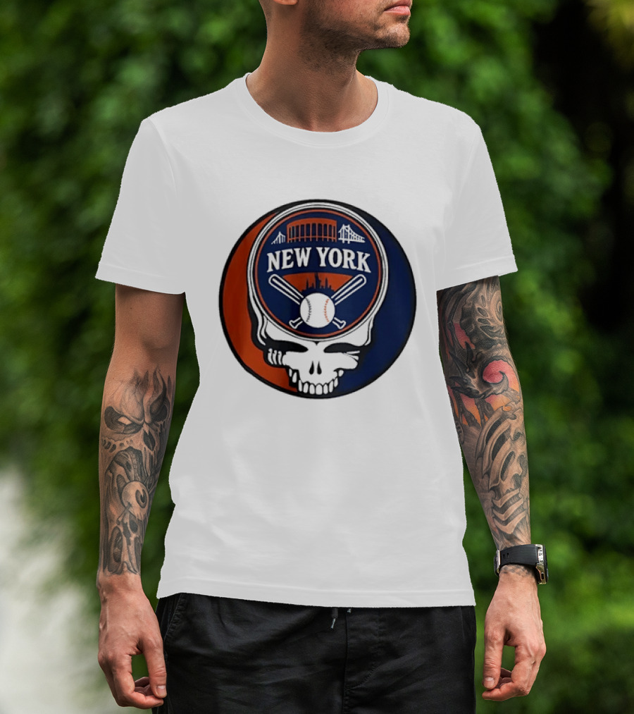 New York Mets Grateful Dead Skull Baseball Orange Blue Stadium T-Shirt
