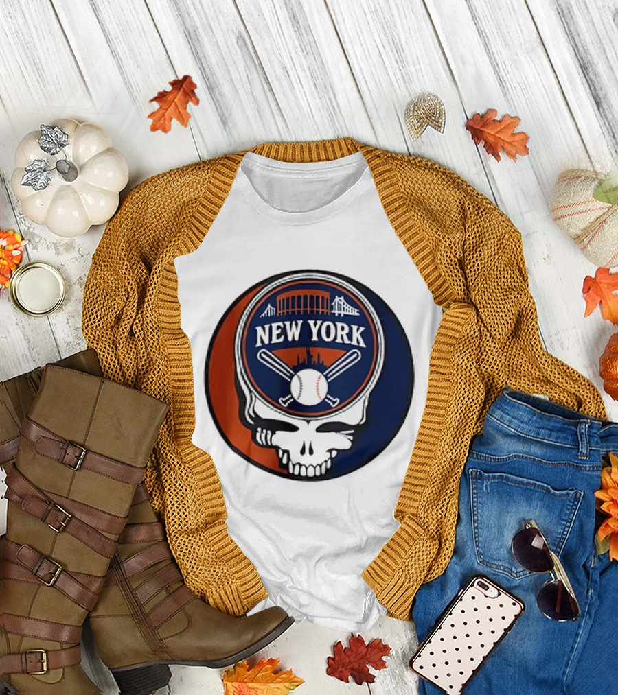New York Mets Grateful Dead Skull Baseball Orange Blue Stadium T-Shirt