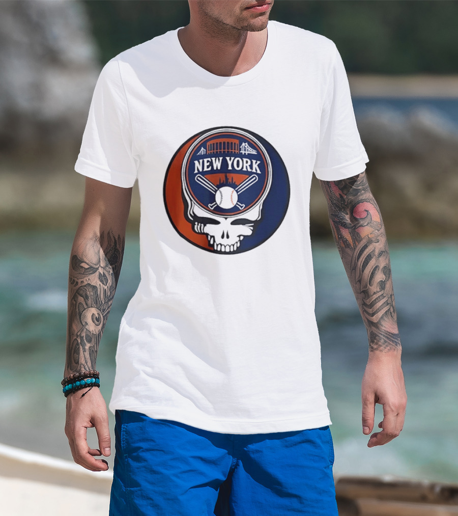 New York Mets Grateful Dead Skull Baseball Orange Blue Stadium T-Shirt