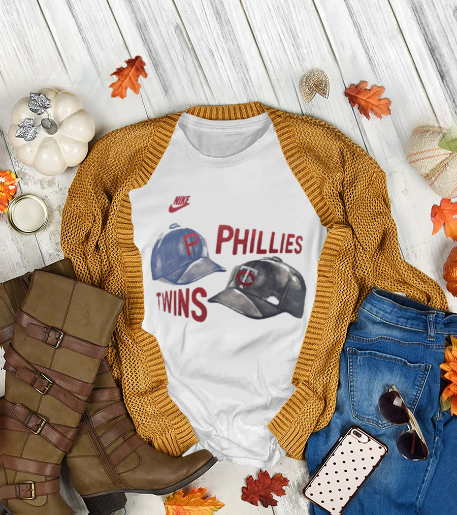 Philadelphia Phillies P Baseball Cap And Minnesota Twins TC Hat Iconic Collaboration With Retro Nike Swoosh T-Shirt