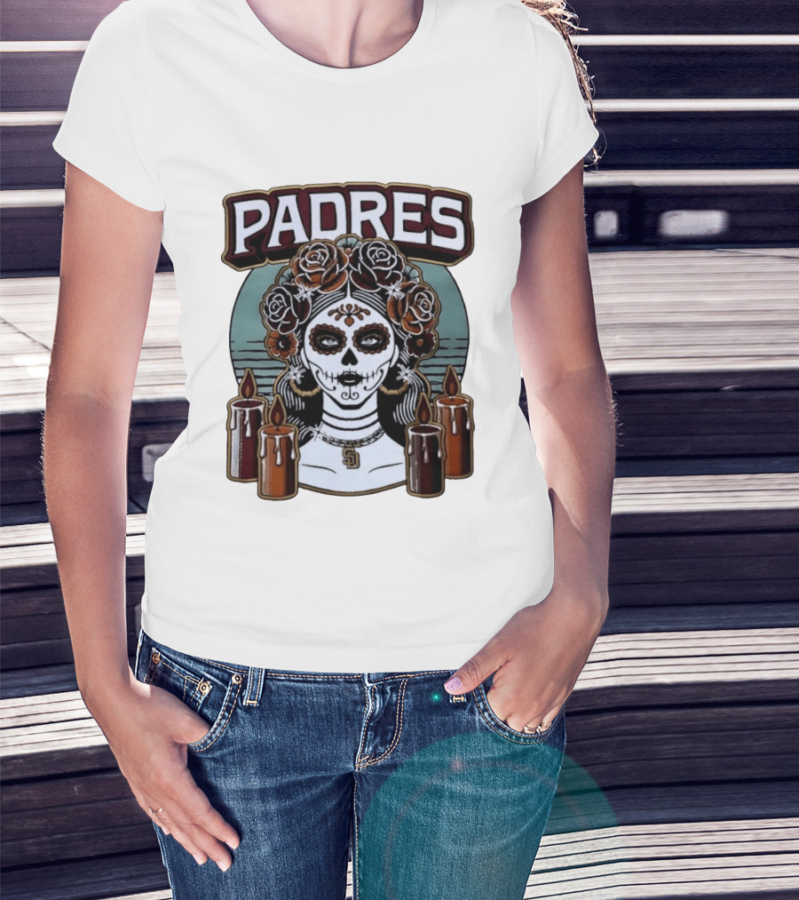 Padres Sugar Skull Woman With SD Pendant And Candles T-Shirt