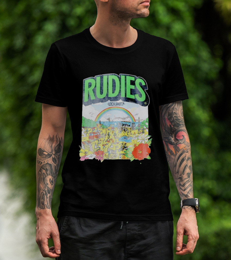 Rudie's 35th Anniversary Local Party Featuring 10 Feet G Freak Factory Dustboz Colorful Celebration With Rainbow And Flowers T-Shirt