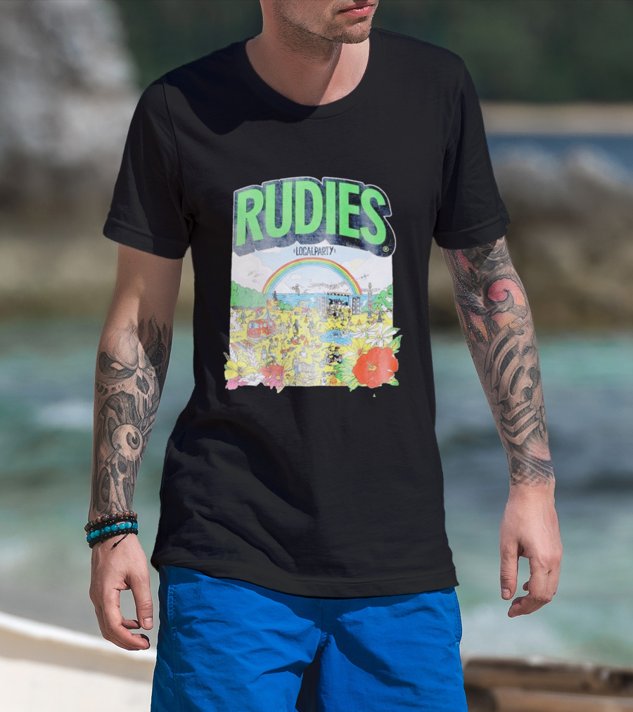 Rudie's 35th Anniversary Local Party Featuring 10 Feet G Freak Factory Dustboz Colorful Celebration With Rainbow And Flowers T-Shirt