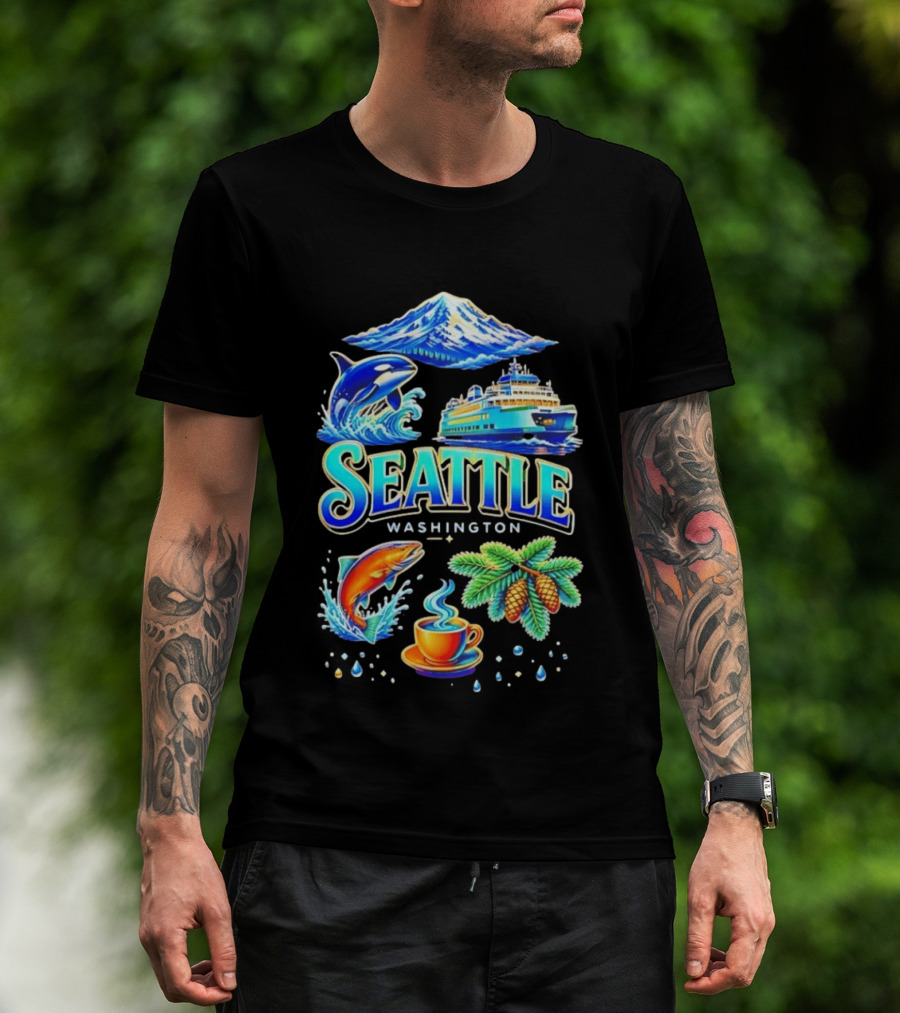 Seattle Washington Orca Whale Ferry Salmon Coffee Pine Cones Mount Rainier T-Shirt