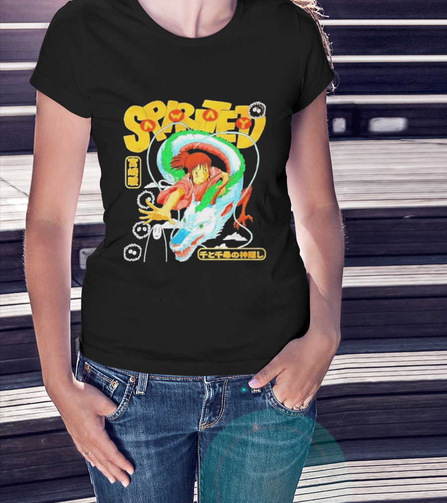 Spirited Away Chihiro Riding Haku Dragon Japanese Text No Face Soot Sprites T-Shirt