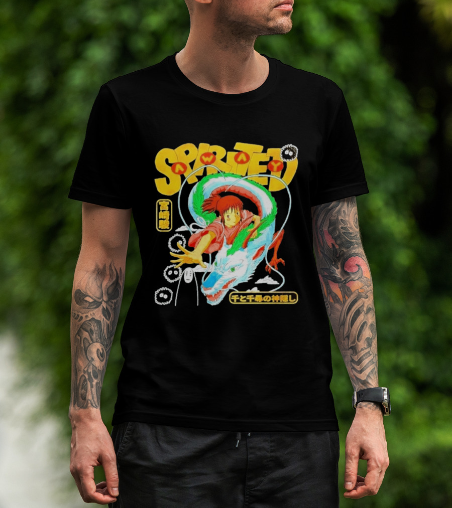Spirited Away Chihiro Riding Haku Dragon Japanese Text No Face Soot Sprites T-Shirt