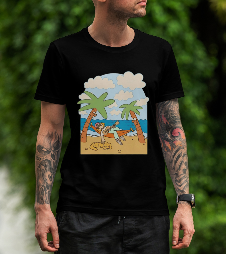 Hammock Guitar Player With Sleeping Dog On Tropical Beach Scene T-Shirt