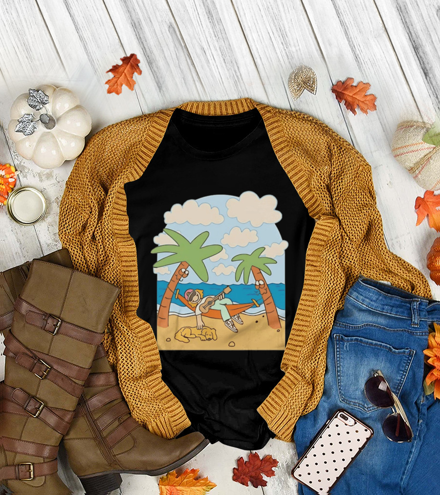 Hammock Guitar Player With Sleeping Dog On Tropical Beach Scene T-Shirt